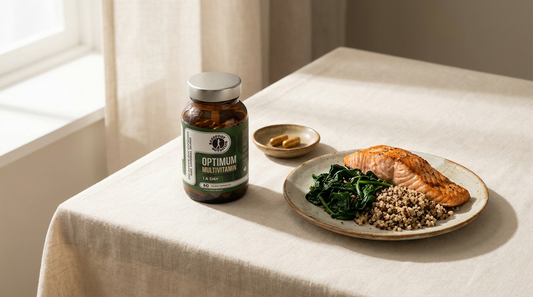 A small plate of salmon and greens beside a Barefoot Nutrition Optimum Multivitamin bottle